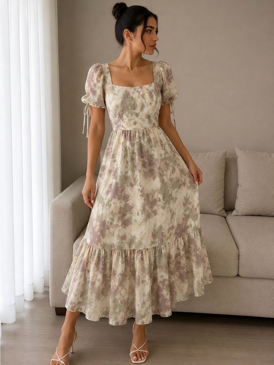 Dresses & Skirts - Floral Square-Neck Maxi Dress in Sage & Mauve